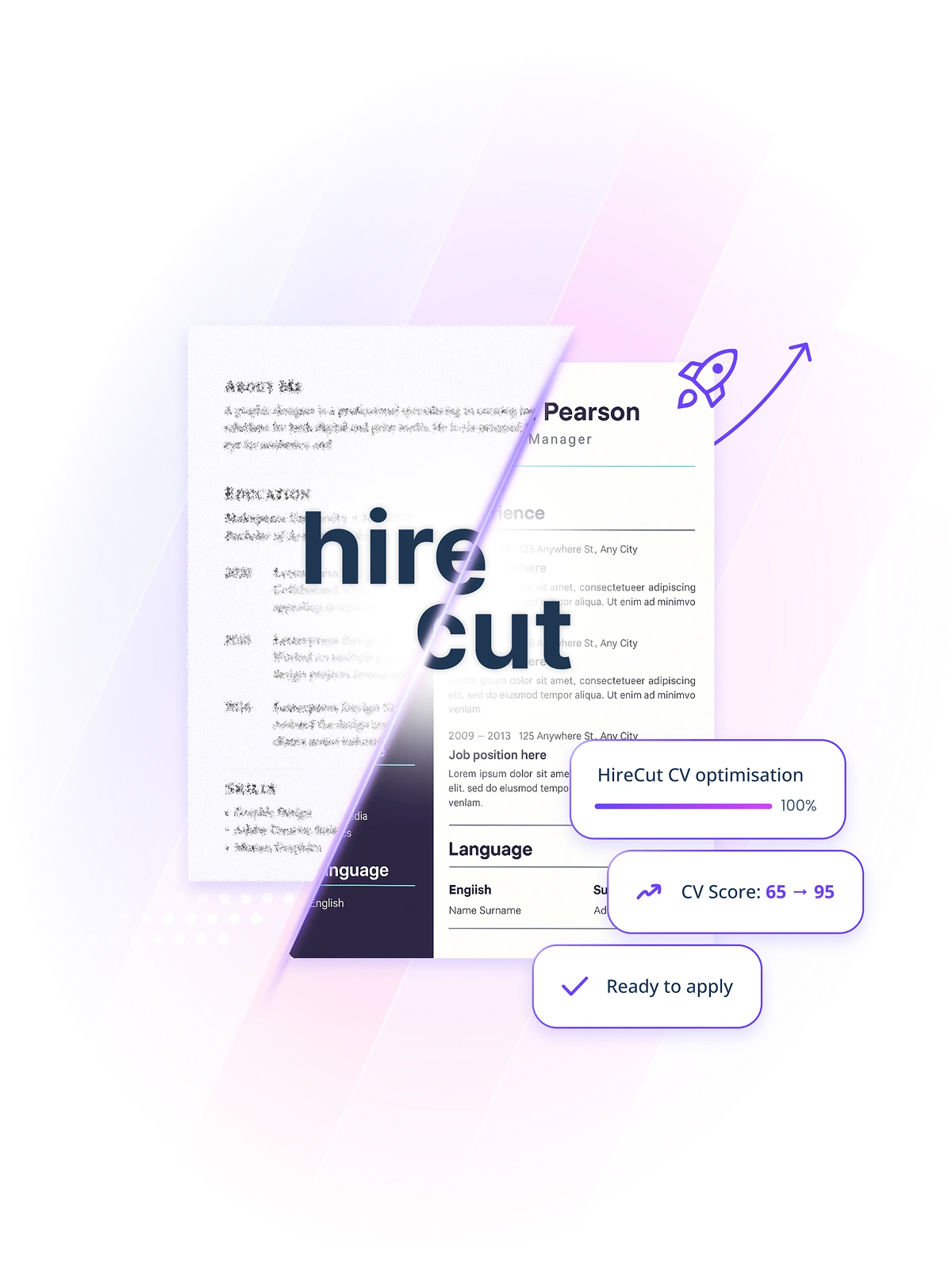 Preview of AI CV Maker interface showing a professional resume with hiring features